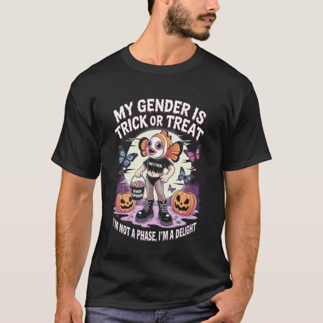 Non-Binary Halloween Clown Fish Pronouns Not a Pha T-Shirt (Front)