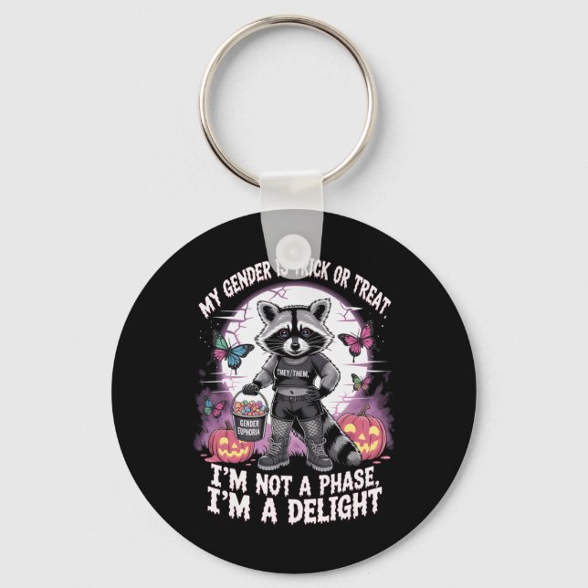 Non-binary Halloween Racoon Pronouns Not A Phase  Key Ring (Front)