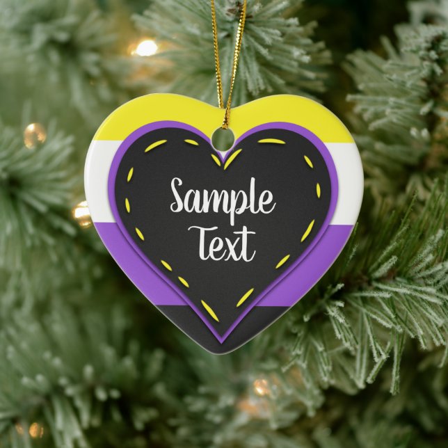 Non-binary pride flag heart with text ceramic ornament (Tree)