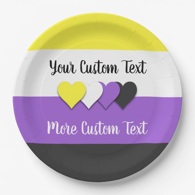 Non-binary pride flag with hearts paper plate (Front)
