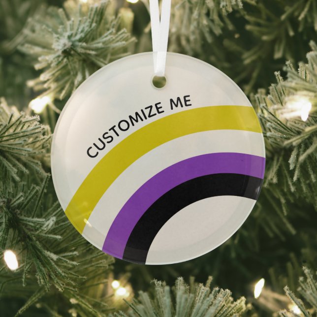 Non Binary Rainbow Flag Personalised Christmas Glass Tree Decoration (Insitu)