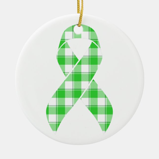 Non-Hodgkin's Lymphoma Plaid Green Ribbon Ceramic Ornament (Front)