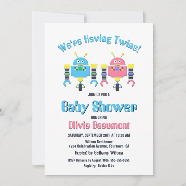 Non Identical Twin Babies Robot Baby Shower Invitation (Front)