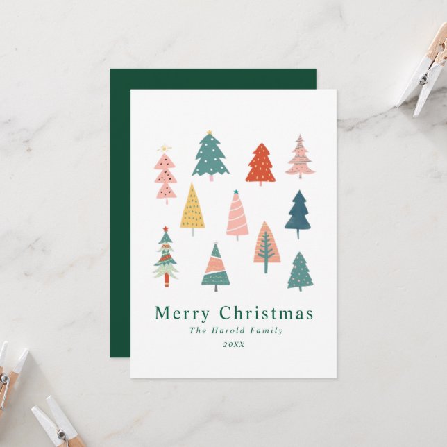 Non Photo Elegant Green Christmas Trees Card (Front/Back In Situ)