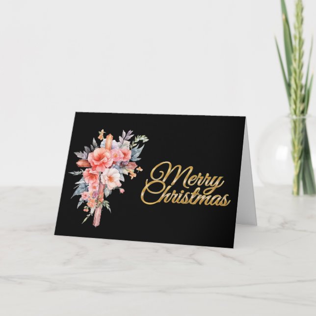 Non-Photo Floral Cross Black Merry Christmas Card (Front)