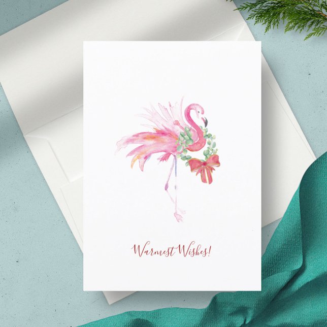 Non Photo Florida Beach Christmas Cards (Christmas card Florida beach pink flamingo watercolor art by Victoria Grigaliunas)