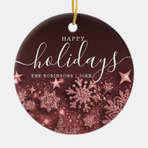 Non Photo Holiday Christmas Glitter Snow Rose Gold Ceramic Ornament