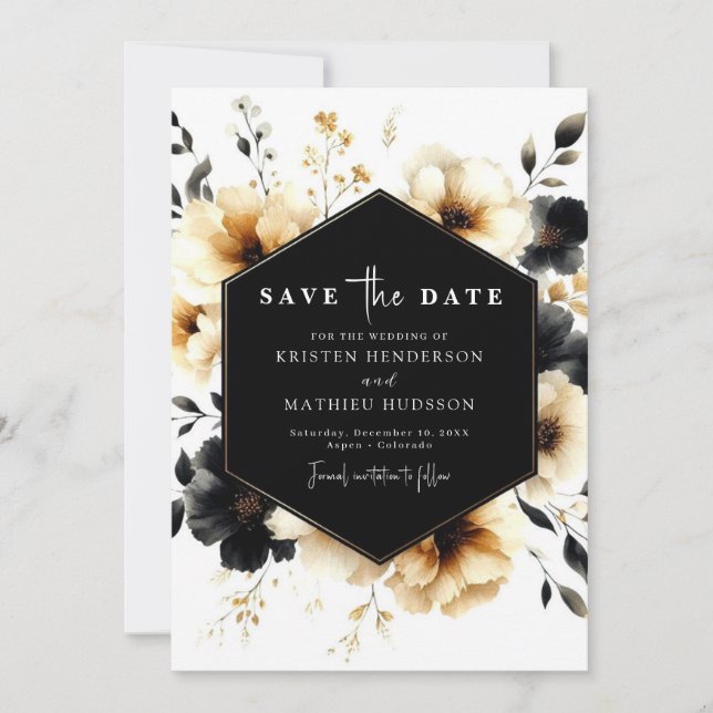 Non-Photo Unique Gold and Black Wedding Save The Date (Front)