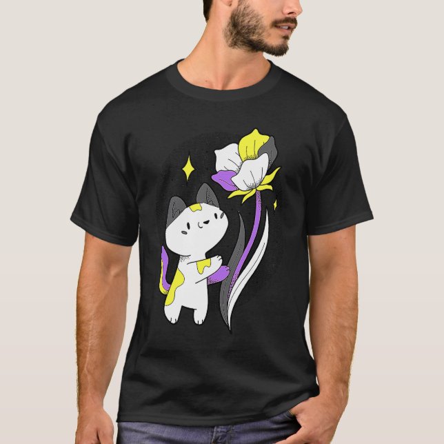 Nonbinary Cat Flower Nonbinary Flag LGBT Nonbinary T-Shirt (Front)