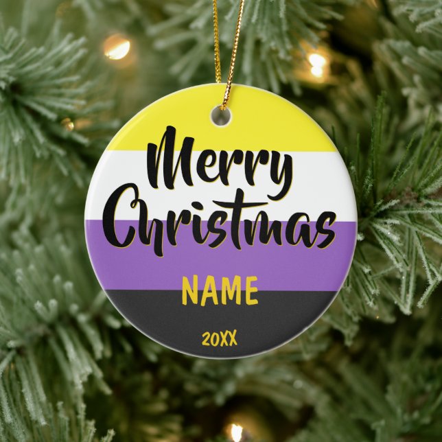 Nonbinary Flag Personalised Christmas Ceramic Ornament (Tree)