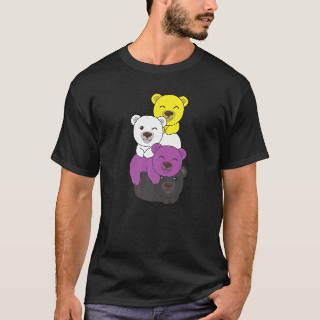 Nonbinary Flag Pile Pride Lgbtq Bear Cute Nonbinar T-Shirt (Front)