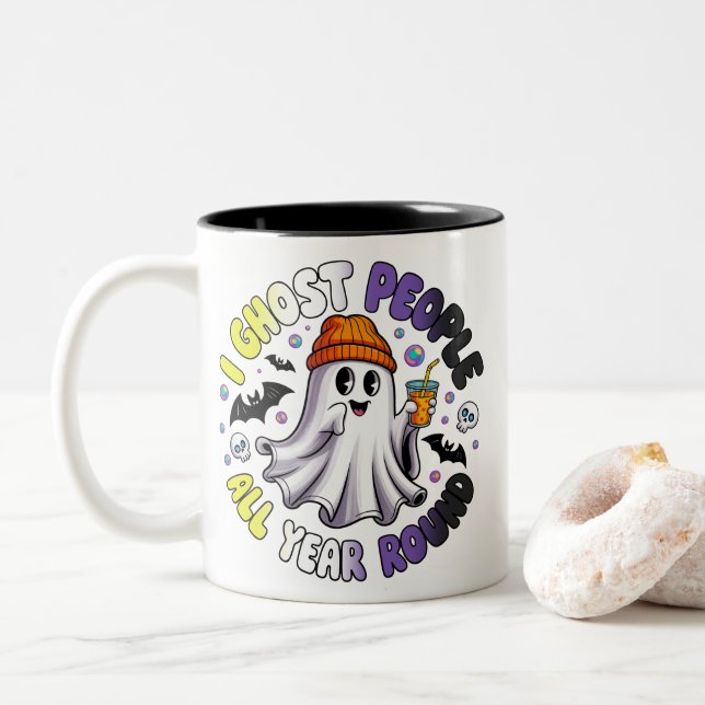 Nonbinary Funny Halloween – I Ghost People Two-Tone Coffee Mug (With Donut)