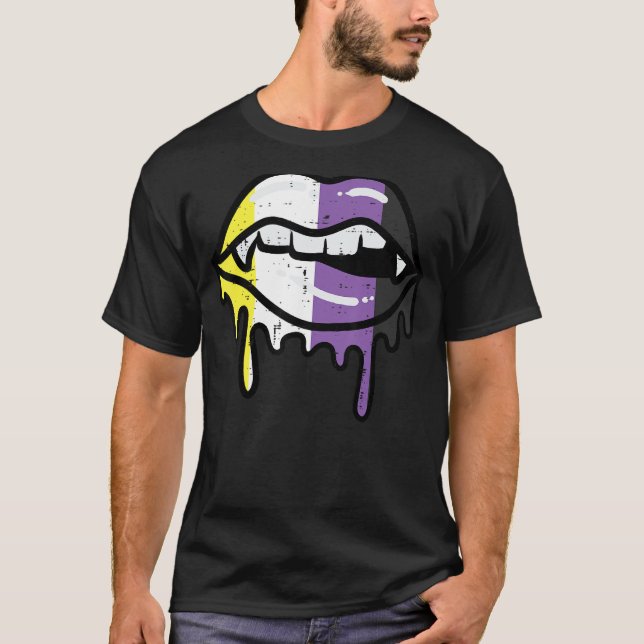 Nonbinary Lip Bite Drip Non Binary Enby Pride Lgbt T-Shirt (Front)