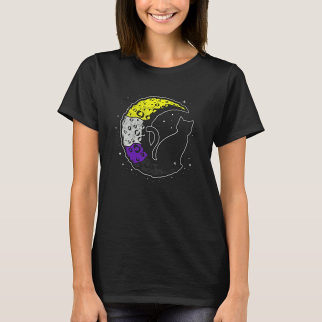 Nonbinary Moon Space Cat Lgbt Pride With Nb Non Bi T-Shirt (Front)