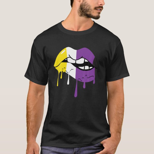 Nonbinary Pride Flag Biting Dripping Lips Mouth LG T-Shirt (Front)
