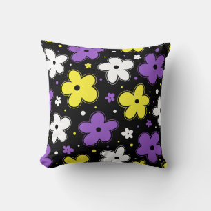 Nonbinary Pride Flag Flowers Doodle Yellow Purple Cushion