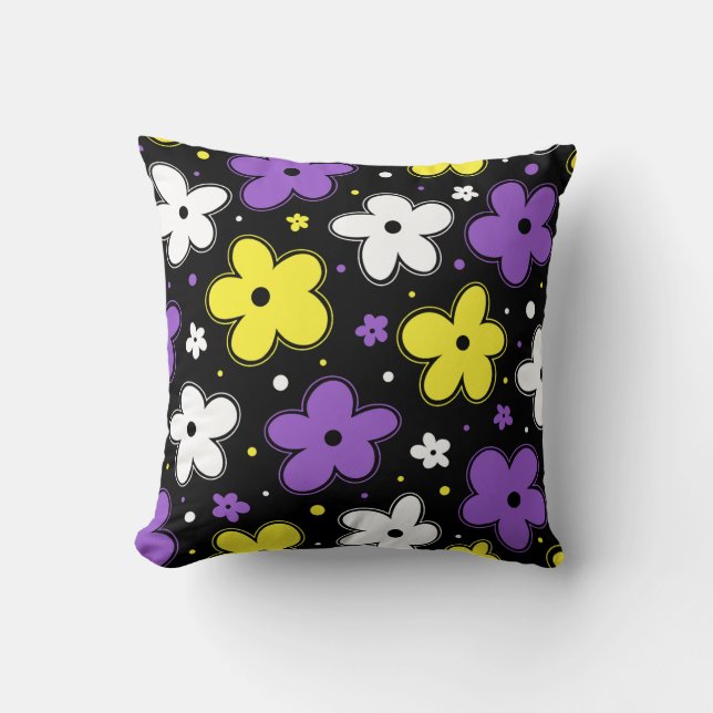Nonbinary Pride Flag Flowers Doodle Yellow Purple Cushion (Front)