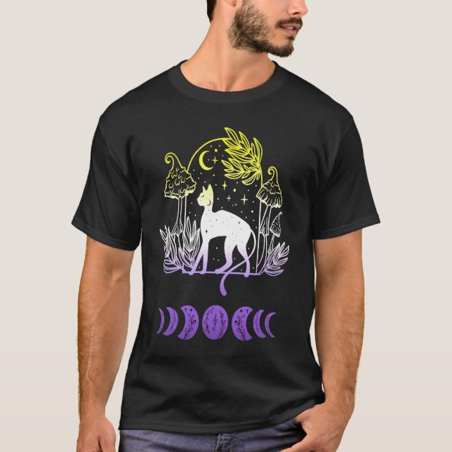 Nonbinary Pride LGBTQ Subtle Cat Moon Phase Mushro T-Shirt (Front)