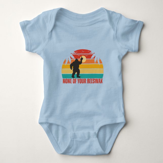 None Of Your Beeswax Bigfoot Middle Finger Blue Baby Bodysuit (Front)