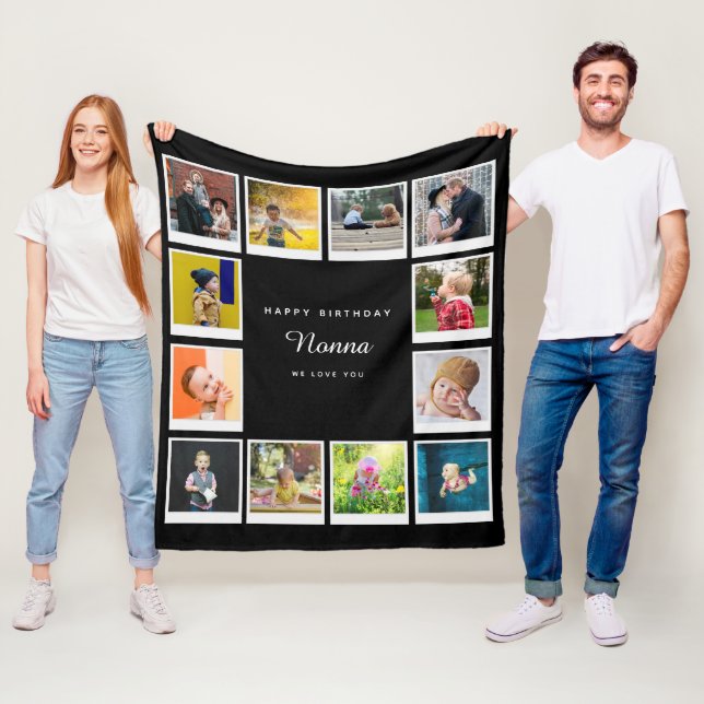 Nonna Birthday Photo Collage Template Black Fleece Blanket (In Situ)
