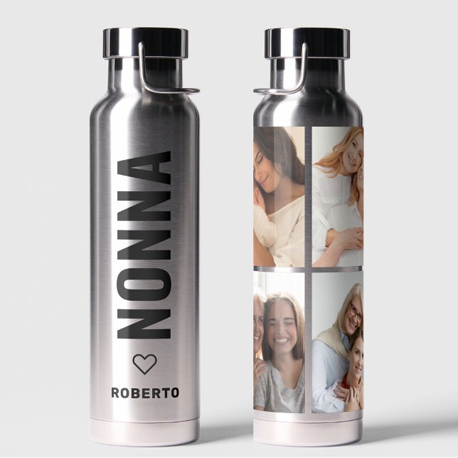 Nonna | Italian Grandma 4 Photo Custom Name Silver Water Bottle (Creator Uploaded)