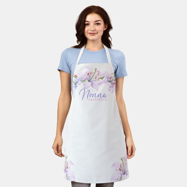 Nonna Personalised Lavender Pink Lillies Apron (Worn)