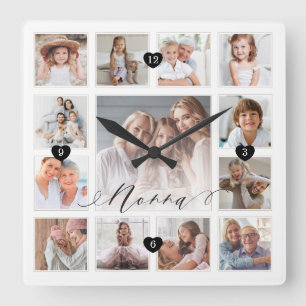 Nonna Script Family Memory Photo Grid Collage Square Wall Clock