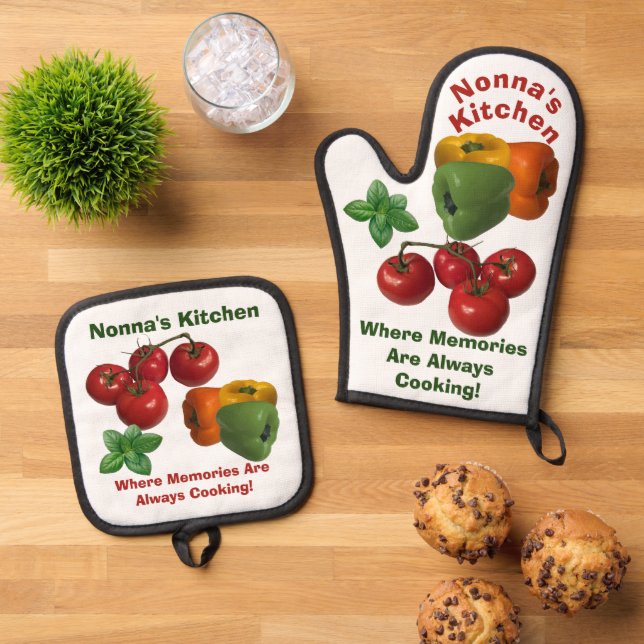 Nonna's Kitchen Italian Theme Oven Mitt & Pot Holder Set (Top Down)
