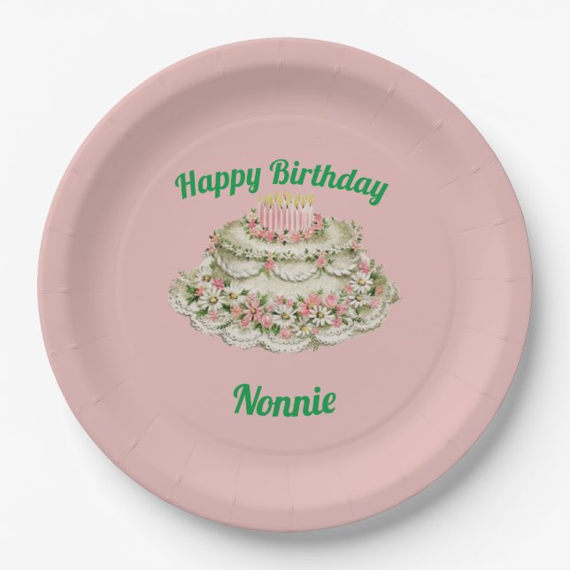 NONNIE ~ VINTAGE BIRTHDAY CAKE ~  PAPER PLATE (Front)