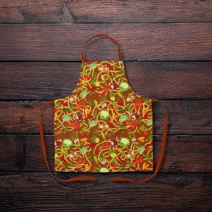 Noodles and colourful vegetables red-brown apron