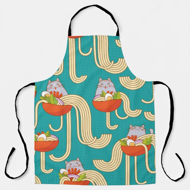 Noodles Funny Cats Turquoise Background Apron (Front)