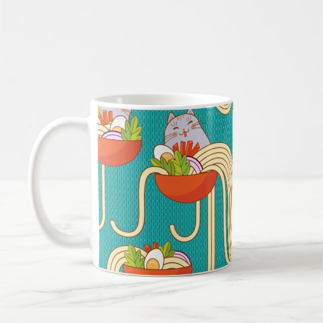 Noodles Funny Cats Turquoise Background Coffee Mug (Left)