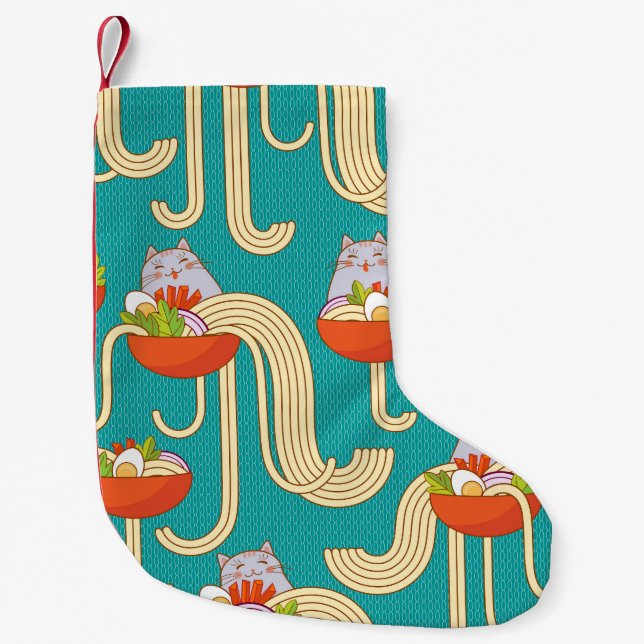 Noodles Funny Cats Turquoise Background Small Christmas Stocking (Front)