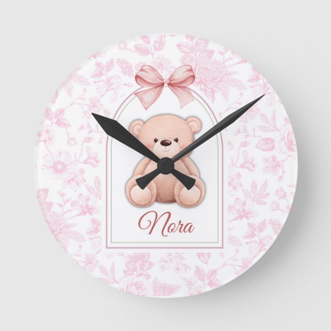 Nora | Custom Pink Teddy Bear Nursery Design  Round Clock (Front)