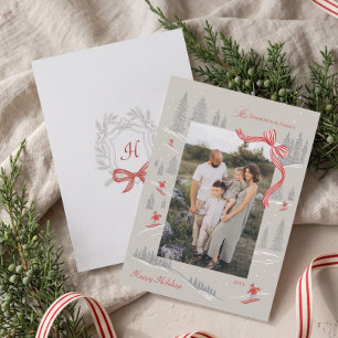 Nordic Alpine Mountain Red Bow Christmas Photo Holiday Card