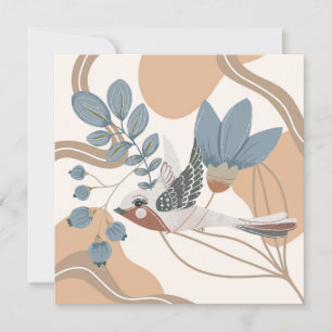 Nordic Birds and Flowers In Blue and Tan Card