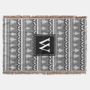 Nordic Black and White Fir Trees Monogrammed Throw Blanket