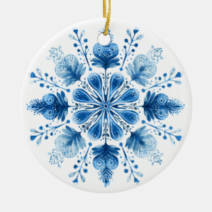 Nordic Bloom Snowflake Ornament   Blue Folk Art Ho