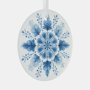 Nordic Bloom Snowflake Ornament Blue Folk Art Ho