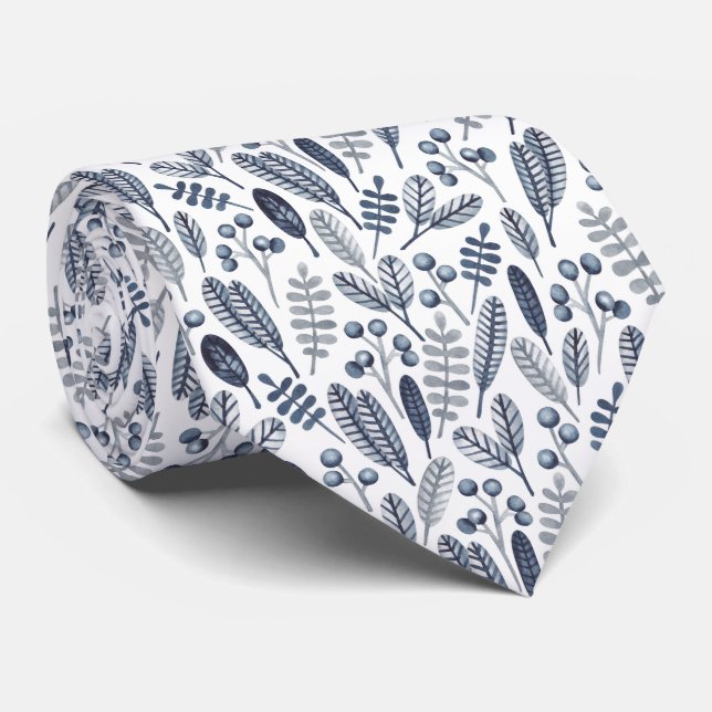 Nordic Blue and Grey Leaf Pattern Tie (Rolled)