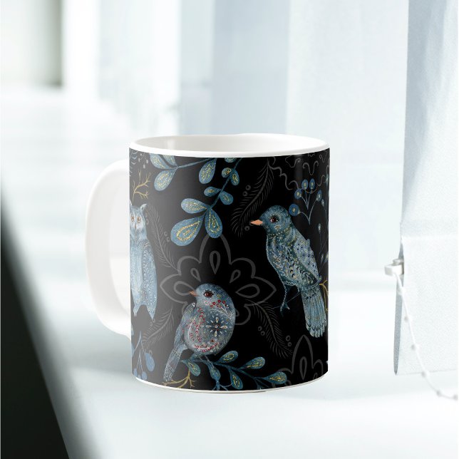 Nordic Blue Bird Owl Floral  Coffee Mug (Creator Uploaded)