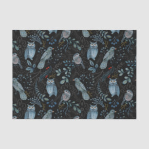 Nordic Blue Bird Owl Floral Watercolor Tissue Paper