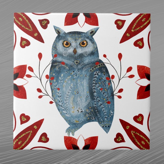 Nordic Blue Owl Watercolor Folk Art Ceramic Tile (Creator Uploaded)