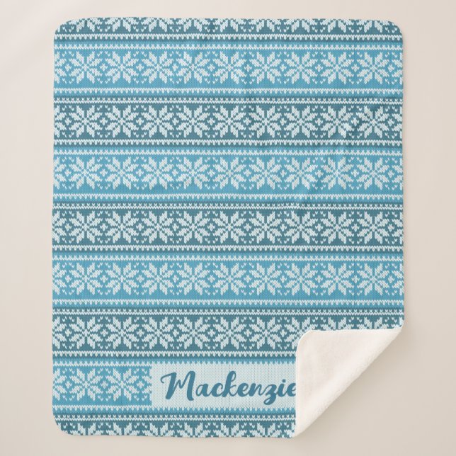Nordic Blue Snowflake Knit Sweater Personalised Sherpa Blanket (Front)