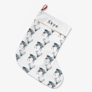 Nordic Blue White Deer Christmas Large Christmas Stocking