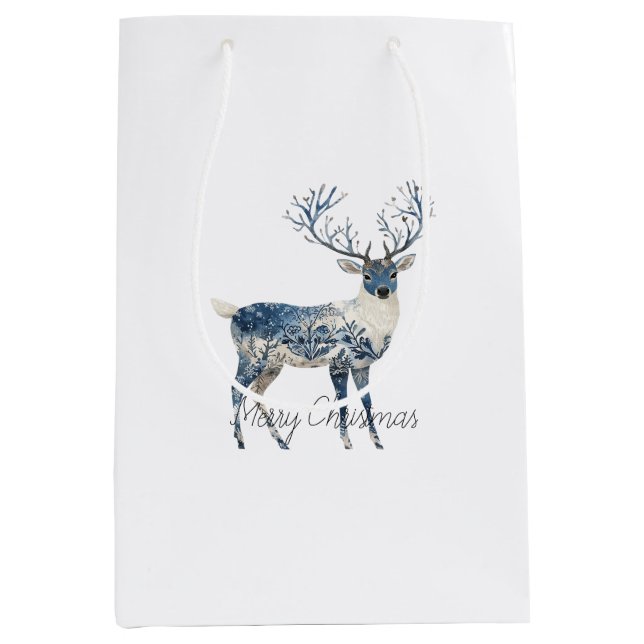 Nordic Blue White Deer Christmas Medium Gift Bag (Front)