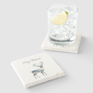 Nordic Blue White Deer Christmas Stone Coaster