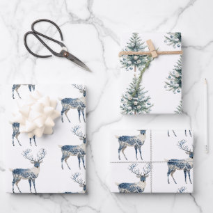 Nordic Blue White Deer Christmas Trees Wrapping Paper Sheet