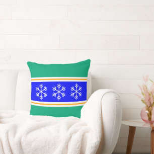 Nordic Bright Blue Green Stripes White Snowflakes Cushion