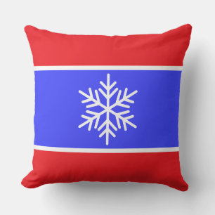 Nordic Bright Blue Red White Stripes Snowflakes Cushion